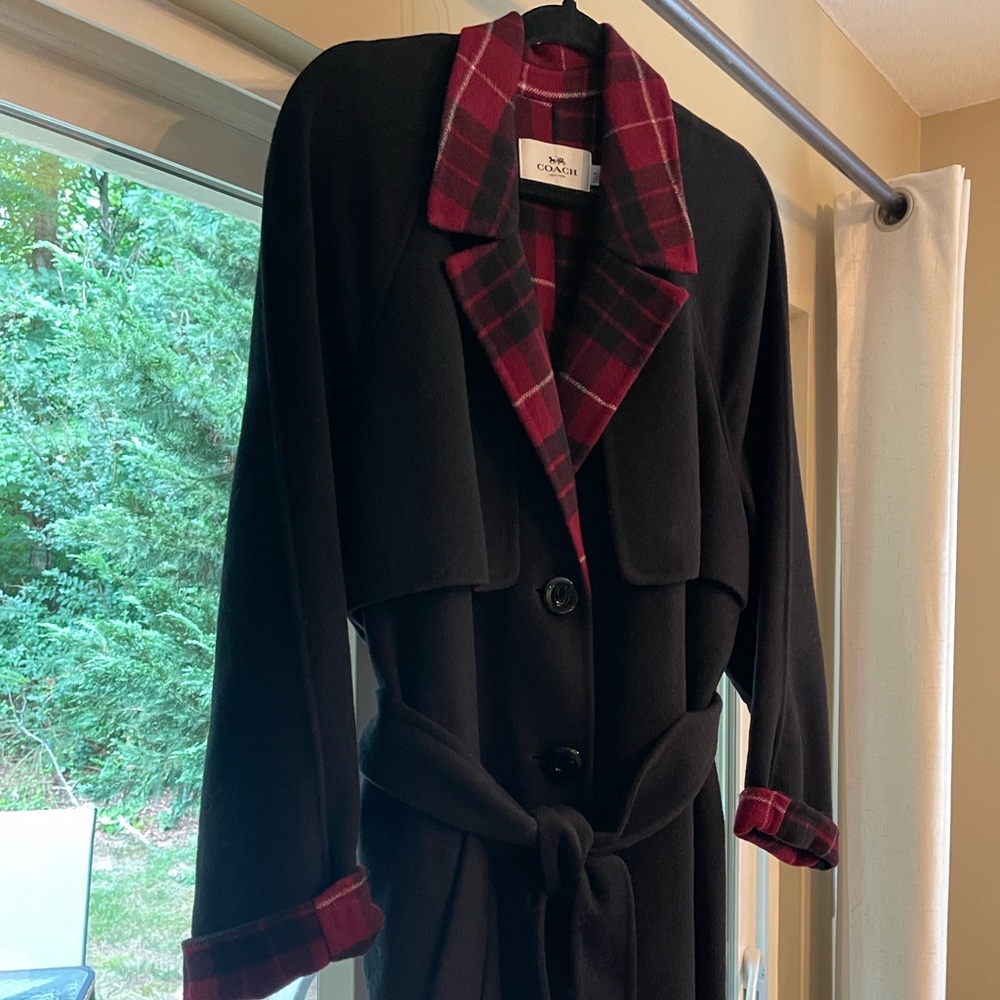 Women’s Coach Relaxed fit large Never Worn Wool Belted Trench Red Plaid Trim - Picture 3 of 11
